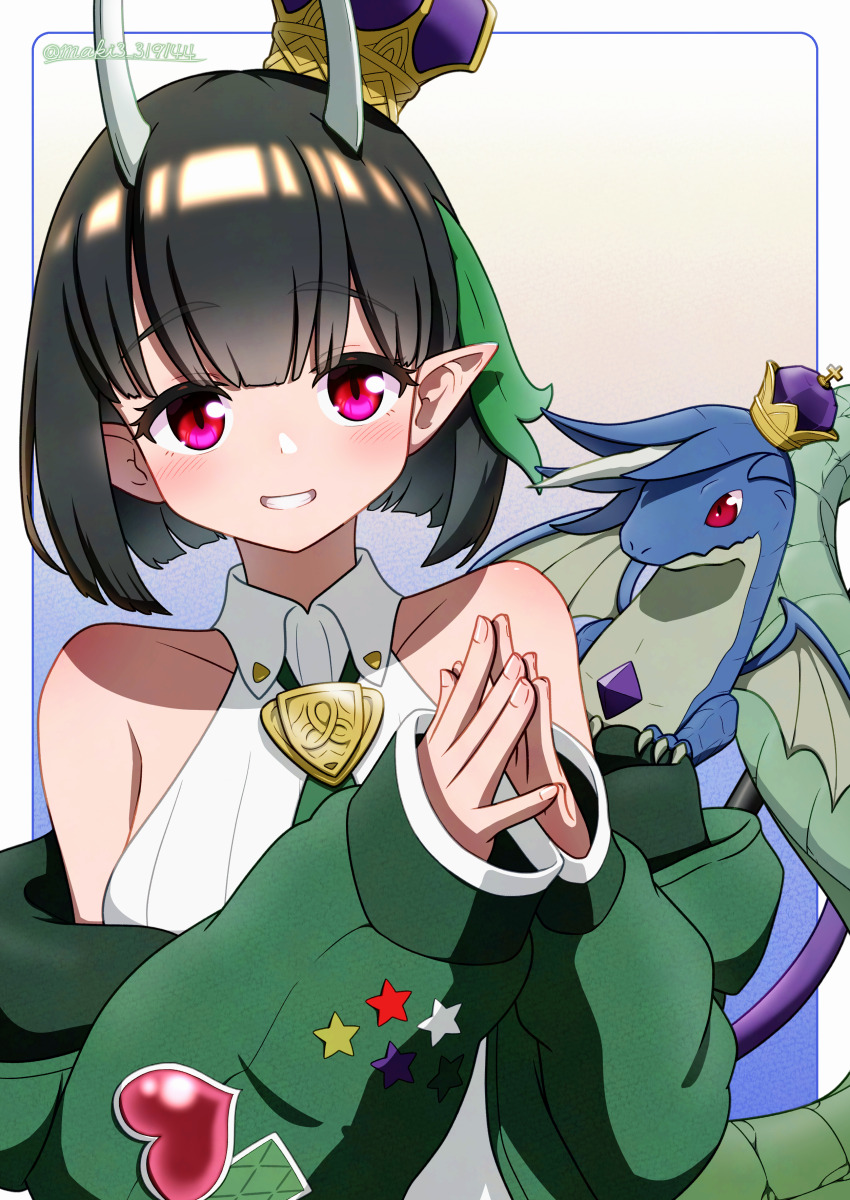 1girl absurdres biscione_(fate) biscione_(second_ascension)_(fate) breasts crown dragon dragon_horns dragon_tail fate/grand_order fate_(series) green_jacket highres horns jacket large_breasts maki319144 mini_crown pointy_ears red_eyes smile steepled_fingers tail twitter_username