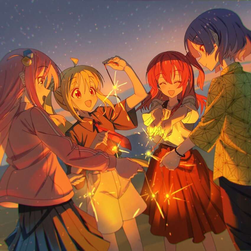 4girls ahoge black_shirt black_skirt blonde_hair blue_eyes blue_hair bocchi_the_rock! closed_eyes closed_mouth collared_shirt cube_hair_ornament fireworks gotoh_hitori hair_between_eyes hair_ornament highres holding holding_fireworks ijichi_nijika jacket jdge kita_ikuyo long_hair long_sleeves mole mole_under_eye multiple_girls necktie one_side_up open_mouth outdoors pink_hair pink_jacket pleated_skirt red_eyes red_hair red_necktie red_skirt shirt short_hair short_sleeves skirt smile sparkler track_jacket white_shirt white_skirt yamada_ryo yellow_eyes yellow_shirt