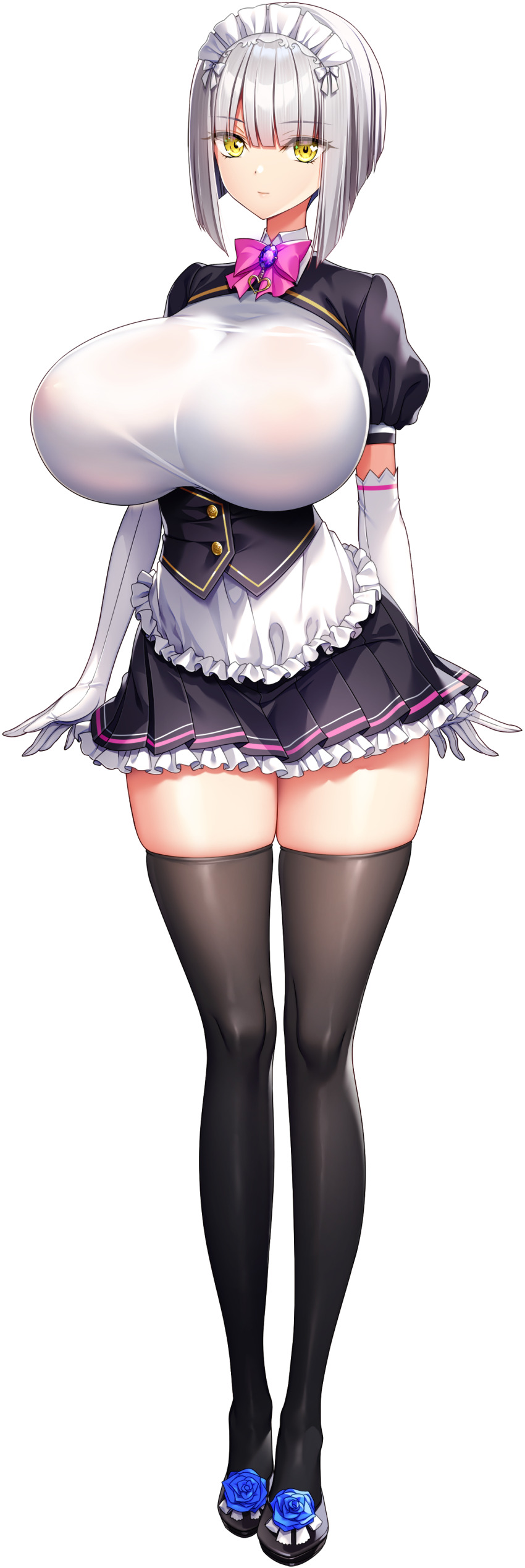 1girl absurdres akagi_rio apron arms_at_sides black_shoes black_thighhighs blunt_bangs bob_cut bow bowtie breasts collar_jewel dress elbow_gloves femme_de_menage_maid_academy_uniform flower footwear_flower frilled_apron frills full_body game_cg gem gloves grey_hair high_heels highres huge_breasts light_smile looking_at_viewer maid maid_apron maid_headdress medium_hair meena_1919 milk_factory motto!_haramase!_honoo_no_oppai_isekai_oppai_maid_gakuen! non-web_source official_art pink_bow pink_bowtie puffy_short_sleeves puffy_sleeves purple_brooch purple_gemstone shoes short_sleeves skindentation smile solo sprite standing tachi-e thighhighs transparent_background waist_apron white_apron white_gloves yellow_eyes