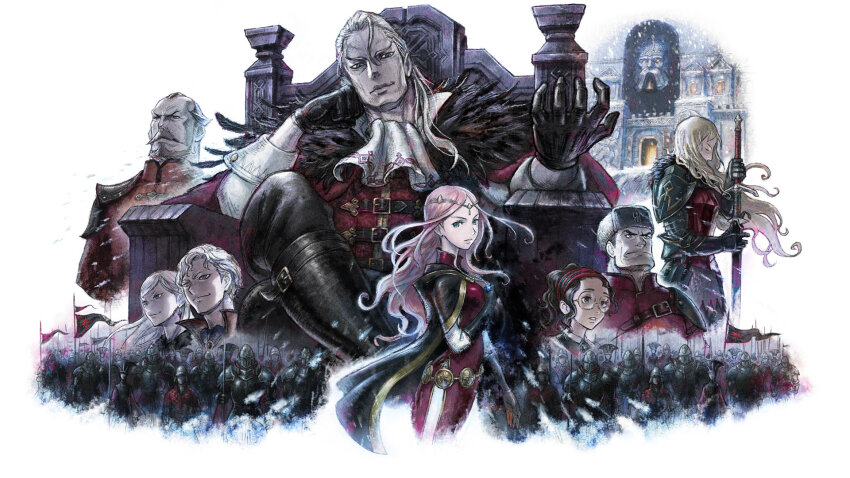 3girls 4boys aesfrosti_soldier armor army avlora_(triangle_strategy) banner beard black_cape black_gloves cape closed_mouth erika_aesfrost facial_hair frederica_aesfrost geela_breisse gem glass gloves gustadolph_aesfrost hat highres ikusy jewelry long_hair looking_afar looking_at_viewer military military_uniform multiple_boys multiple_girls mustache necklace official_art pink_hair shoulder_armor sitting soldier svarog_aesfrost sword sycras_diutte thalas_aesfrost throne triangle_strategy weapon white_hair