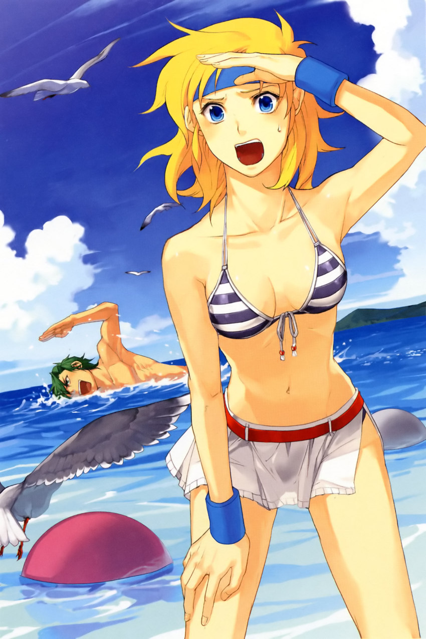 1boy 1girl absurdres banpresto bikini bikini_top_only bird blonde_hair blue_eyes day front-tie_top green_hair headband highres lune_zoldark masaki_andoh navel seagull short_hair skirt super_robot_wars super_robot_wars_original_generation super_robot_wars_the_lord_of_elemental swimming swimsuit water wristband yuikawa_kazuno