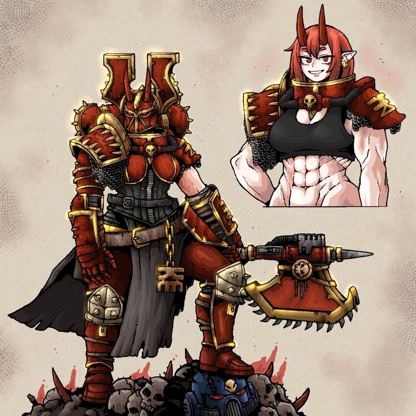 1girl abs adepta_sororitas adeptus_astartes armor axe breasts chain_axe chainmail chaos_(warhammer) cleavage fake_horns helmet highres horned_helmet horns large_breasts loincloth looking_at_viewer looking_to_the_side muscular muscular_female octosoup pointy_ears power_armor red_eyes red_hair short_hair skull solo tank_top ultramarines warhammer_40k