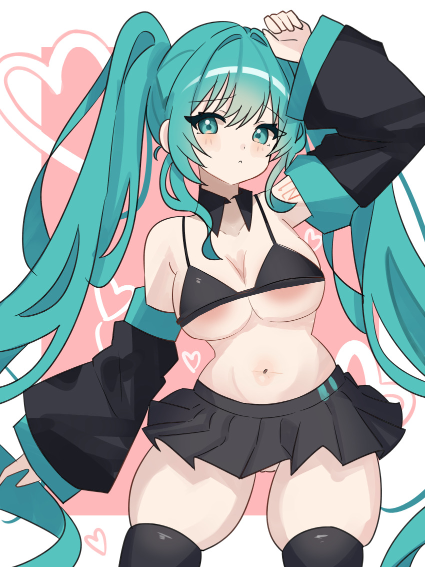 1girl absurdres aqua_eyes aqua_hair armpits arms_up bare_shoulders bikini black_bikini black_skirt black_sleeves blush breasts cleavage coco_irasuto cowboy_shot detached_sleeves hair_between_eyes hair_ornament hatsune_miku heart highres large_breasts long_hair long_sleeves looking_at_viewer midriff miniskirt navel necktie parted_lips pleated_skirt shirt skirt sleeveless sleeveless_shirt solo stomach swimsuit thick_thighs thighhighs thighs twintails very_long_hair vocaloid zettai_ryouiki