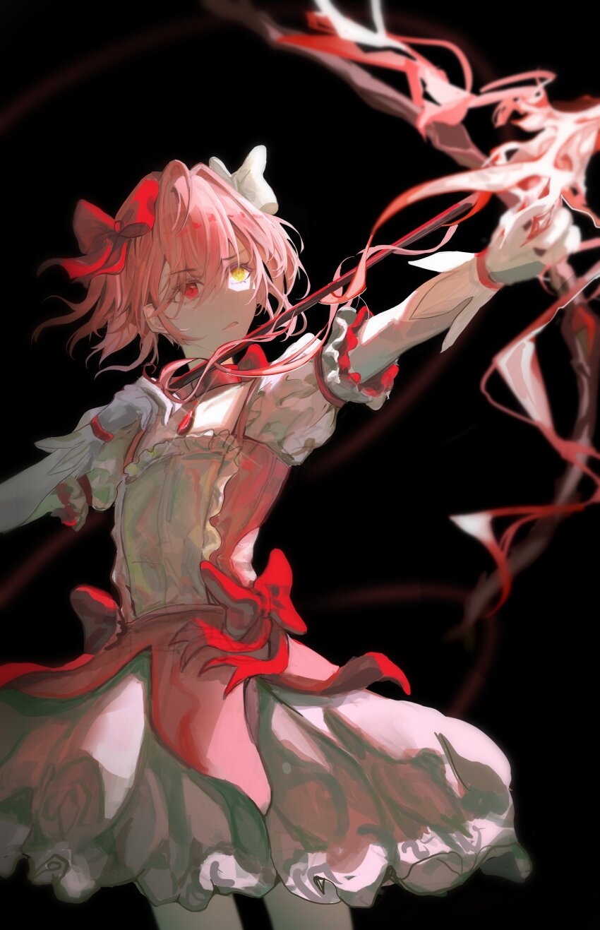 1girl absurdres arrow_(projectile) black_background bow bow_(weapon) bow_choker bubble_skirt buttons center_frills chest_jewel choker collarbone commentary_request cowboy_shot determined drawing_bow dress dress_bow fire frilled_dress frilled_skirt frilled_sleeves frills gem gloves hair_between_eyes hair_bow hetero highres holding holding_arrow holding_bow_(weapon) holding_weapon kaname_madoka kotowaza light_frown looking_ahead loose_hair_strand magical_girl mahou_shoujo_madoka_magica mahou_shoujo_madoka_magica_(anime) miniskirt parted_lips pink_dress pink_fire pink_gemstone pink_hair pink_ribbon puffy_short_sleeves puffy_sleeves red_bow red_choker red_eyes ribbon short_dress short_hair short_sleeves short_twintails simple_background skirt solo square_neckline standing twintails weapon white_bow white_gloves white_skirt white_sleeves yellow_eyes
