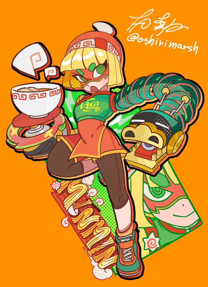1girl @_@ absurdres arms_(game) beanie blonde_hair blunt_bangs bob_cut bowl dancho_no_mori dragon_(arms) eye_mask food green_eyes green_shoes hat highres leggings_under_shorts min_min_(arms) noodles open_mouth ramen ramram_(arms) shoes short_hair shorts solo
