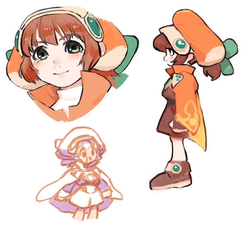 1girl :d aqua_eyes brown_gloves brown_hair brown_shoes cape closed_mouth fingerless_gloves gan2 gloves hat high_collar highres long_hair marguerite_fatima open_mouth orange_cape orange_hat shoes simple_background smile white_background xenogears