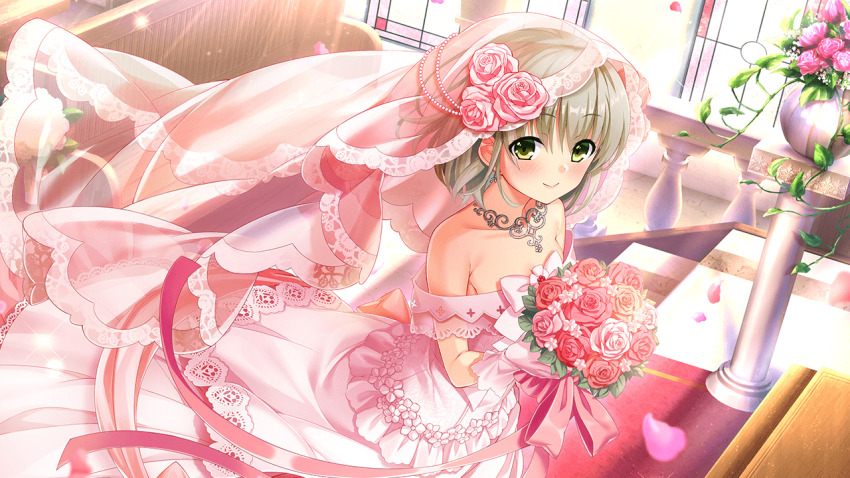 1girl bare_shoulders blush bouquet bridal_veil bride closed_mouth collarbone deep_one_kyomu_to_mugen_no_fragment dress earrings elbow_gloves flower gloves green_eyes green_flower heart holding holding_bouquet jewelry katia_bruntseva leaf looking_at_viewer mayusaki_yuu necklace non-web_source petals pink_dress pink_flower pink_rose plant potted_plant purple_flower purple_rose red_flower red_rose rose rose_petals short_hair smile solo sparkle veil wedding_dress white_dress white_flower white_rose window yellow_flower yellow_rose