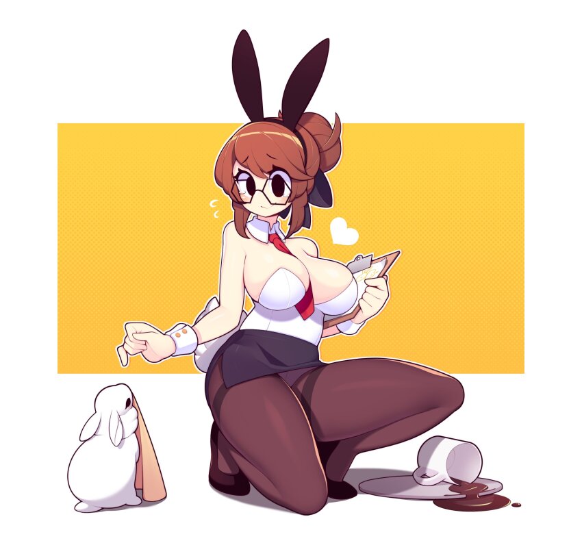 1girl :&gt; animal animal_ears bare_shoulders between_breasts black-framed_eyewear black_eyes black_hairband black_ribbon black_shoes black_skirt breasts brown_hair coffee commentary commission cup detached_collar english_commentary fake_animal_ears fizintine full_body glasses hair_bun hair_ribbon hairband heart hexagonal_eyewear highres holding holding_notepad large_breasts leotard miniskirt mug necktie necktie_between_breasts no_pupils notepad on_one_knee original outline panties pantyhose pantyshot pencil_skirt playboy_bunny rabbit rabbit_ears rabbit_tail red_necktie ribbon shoes simple_background skirt smile solo spill tail tearing_up thighband_pantyhose tray underwear white_leotard white_outline wrist_cuffs