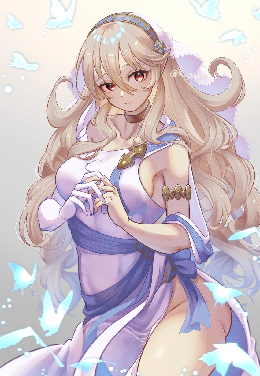1girl absurdres blonde_hair breasts bug butterfly cleavage corrin_(female)_(adrift)_(fire_emblem) corrin_(female)_(fire_emblem) dress fire_emblem fire_emblem_fates gloves hair_between_eyes hair_ornament hairband highres insect jewelry karashino long_hair looking_at_viewer nintendo official_alternate_costume pointy_ears red_eyes simple_background single-shoulder_dress single_glove smile solo white_dress