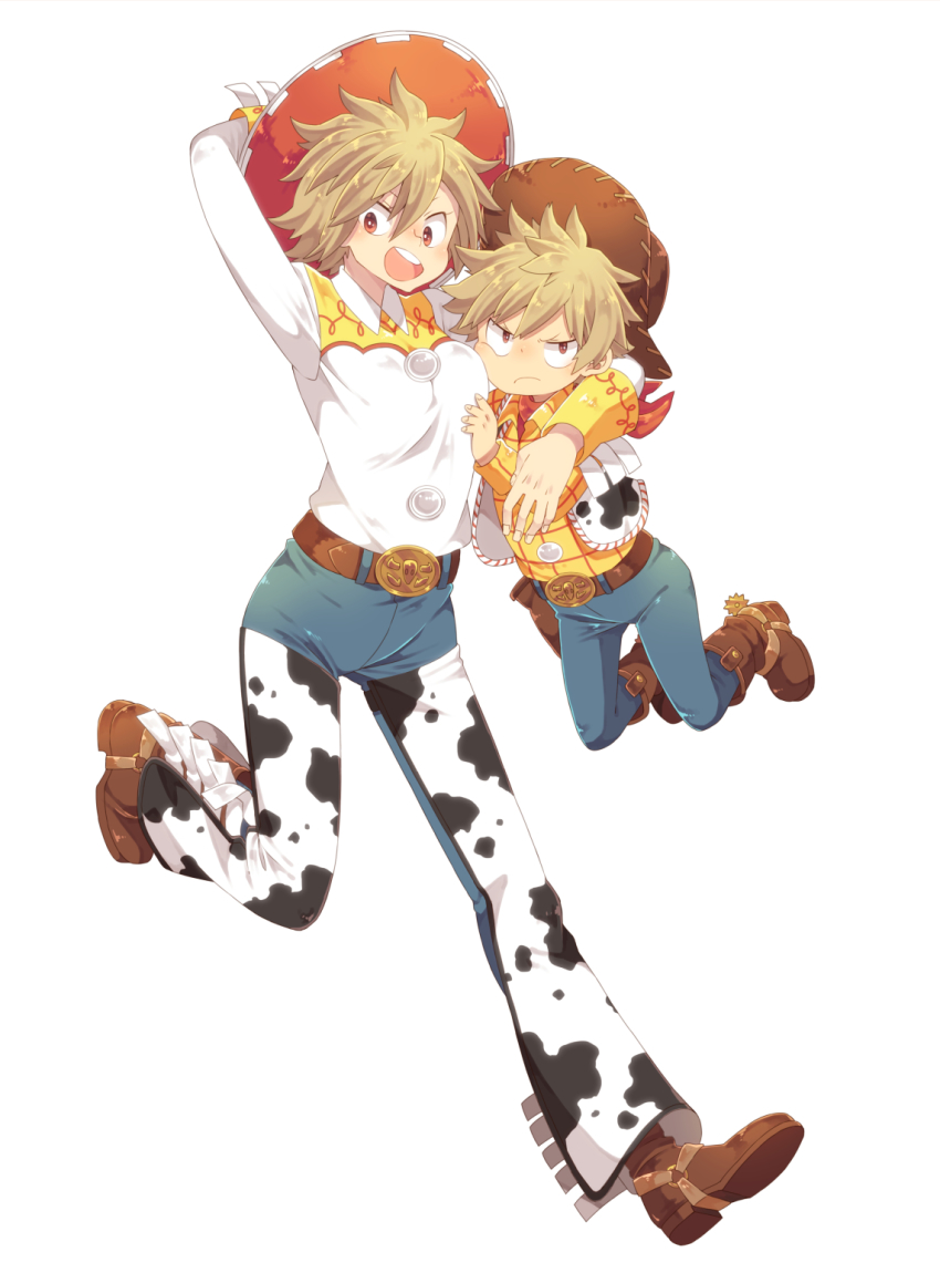 1boy 1girl :o aged_down animal_print arm_up bakugou_katsuki bakugou_mitsuki belt belt_buckle blonde_hair boku_no_hero_academia brown_eyes brown_footwear brown_hat buckle cosplay cow_print cowboy_hat cowgirl_(western) denim frown hat highres holding jeans jessie_the_yodeling_cowgirl jessie_the_yodeling_cowgirl_(cosplay) looking_at_viewer mother_and_son pants sheriff_woody sheriff_woody_(cosplay) simple_background spiked_hair spurs toy_story toy_story_2 uppi vest white_background