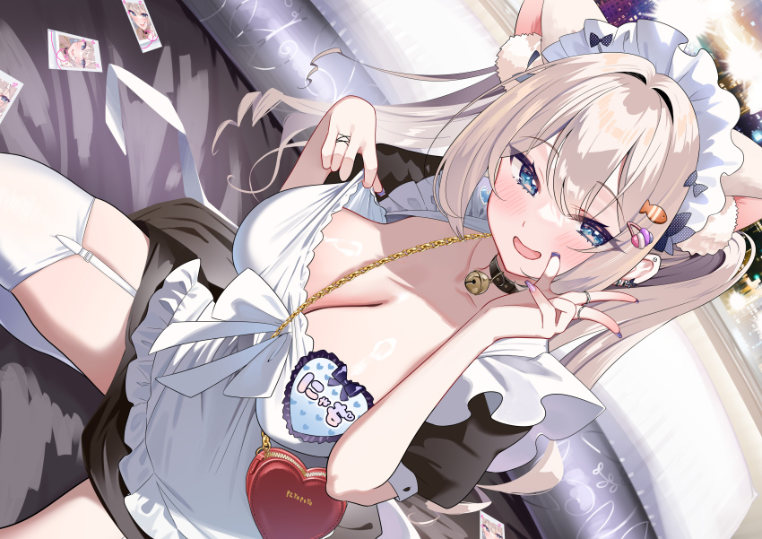 1girl :d absurdres apron blue_eyes breasts cleavage commentary_request fish_hair_ornament garter_straps hair_ornament hands_up heart-shaped_bag highres large_breasts looking_at_viewer maid maid_apron maid_headdress nail_polish open_mouth original photo_(object) piyopoyo presenting puffy_short_sleeves puffy_sleeves purple_nails short_sleeves sitting smile solo thighhighs thighs tongue white_garter_straps white_thighhighs