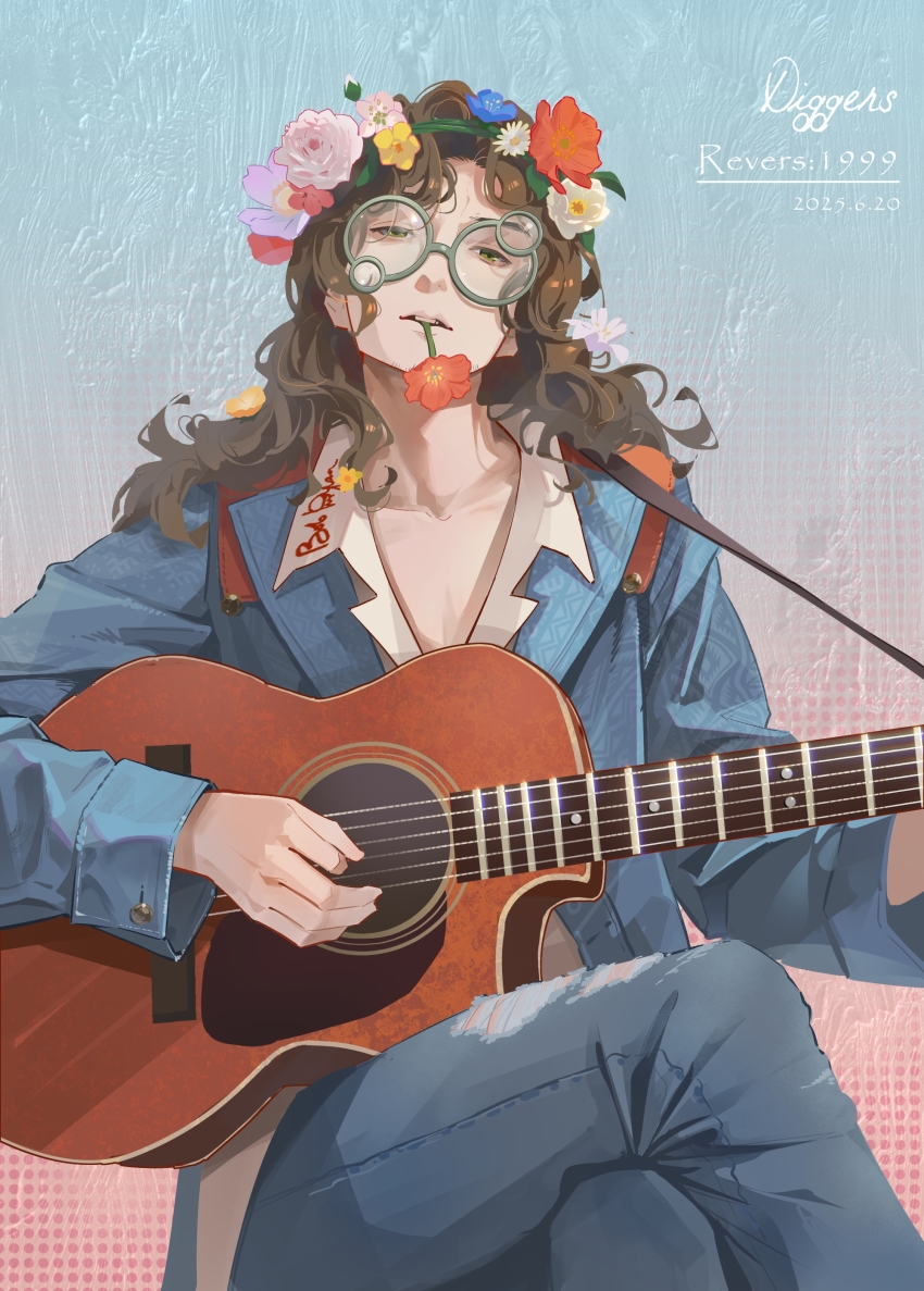 1boy absurdres acoustic_guitar blue_background blue_jacket blue_pants brown_hair character_name copyright_name crossed_legs diggers_(reverse:1999) feet_out_of_frame flower flower_in_mouth flower_wreath gradient_background green_eyes guitar halftone halftone_background highres hippie holding holding_flower holding_guitar holding_instrument instrument jacket long_hair male_focus mouth_hold mune_yin&#039;an_hua_hua_de music novelty_glasses pants pink_background playing_guitar playing_instrument red_flower reverse:1999 shirt sitting solo torn_clothes torn_pants white_flower white_shirt