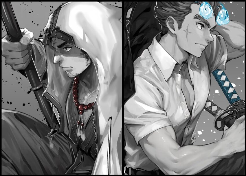 2boys bara bead_necklace beads beard_stubble black_border blue_fire border closed_mouth cross_scar facial_hair fiery_horns fire from_side grey_background greyscale hand_on_own_head holding holding_sword holding_weapon hood hood_up horns houzouin_oniwaka jewelry looking_ahead looking_to_the_side male_focus monk monochrome multiple_boys muscular muscular_male necklace pectoral_cleavage pectorals profile sakimori_toji scar scar_on_face scar_on_forehead serious shirt short_sleeves sideburns solo spot_color stubble sword tass_commuovere thick_eyebrows tokyo_houkago_summoners weapon white_shirt