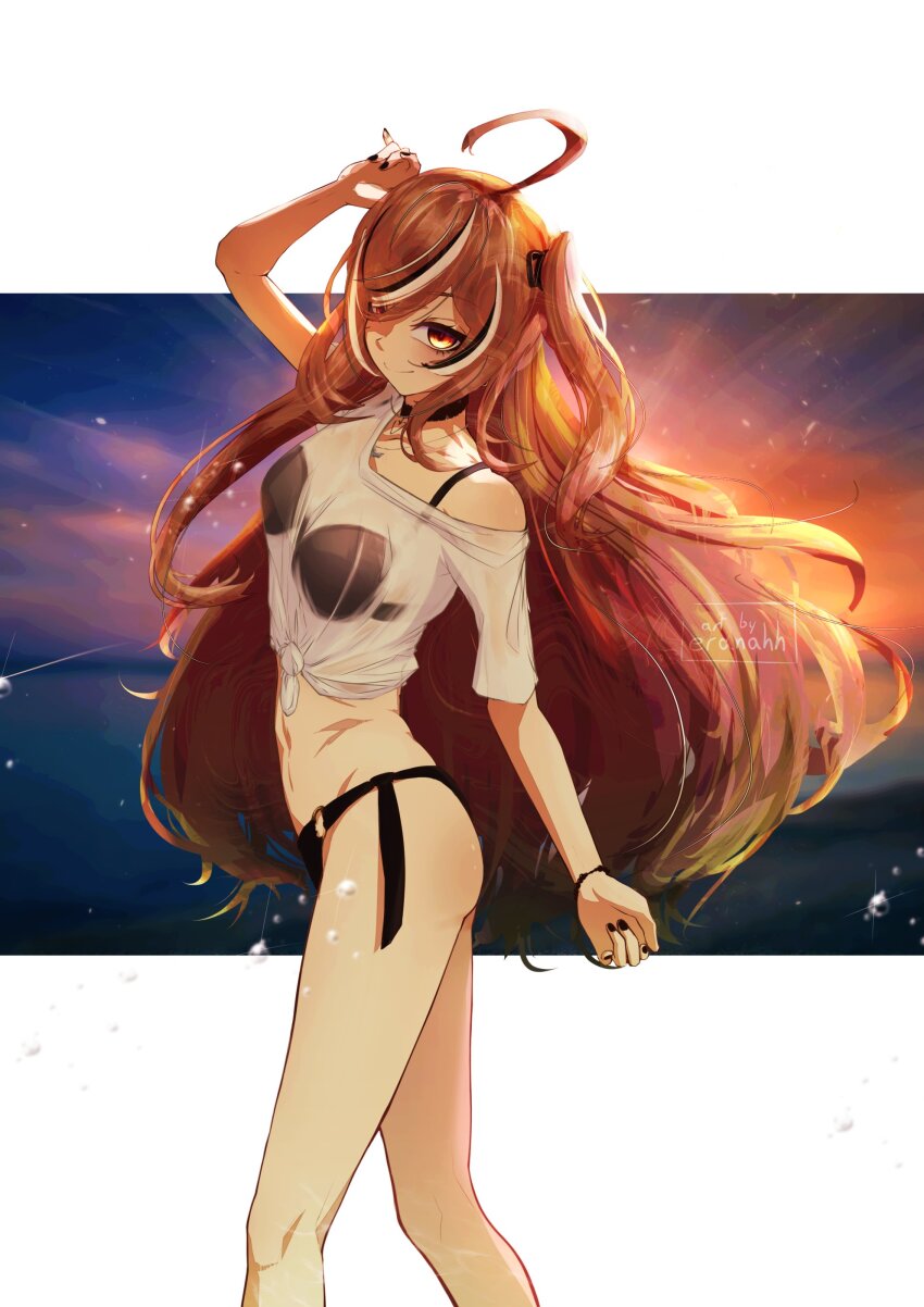 1girl absurdres ahoge ass bikini black_bikini blush breasts character_request copyright_request cowboy_shot eranahh floating_hair frills from_side highres multicolored_hair navel off_shoulder orange_eyes red_hair see-through_clothes small_breasts solo streaked_hair swept_bangs swimsuit twitter_username upper_body water_drop watermark