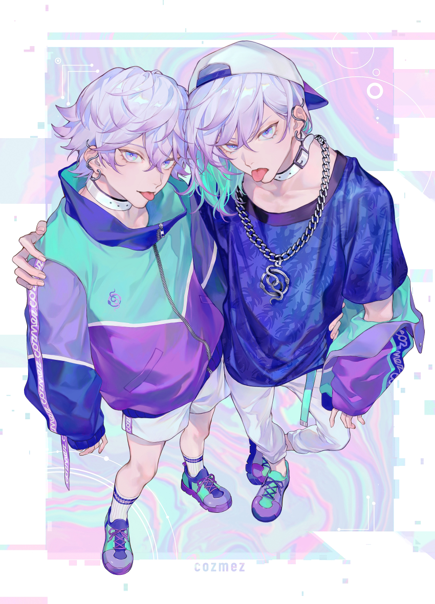 2boys absurdres arm_around_shoulder arm_around_waist bishounen blue_eyes brothers chain chain_necklace collar collarbone colored_inner_hair cozmez_(paradox_live) earrings from_above full_body gradient_hair hair_between_eyes hat highres jewelry looking_at_viewer male_focus multicolored_hair multiple_boys necklace off_shoulder pants paradox_live pastel_colors purple_hair sei_(_mo1008) shoes short_hair shorts siblings simple_background sneakers standing tongue tongue_out white_collar white_pants white_shorts yatonokami_kanata yatonokami_nayuta