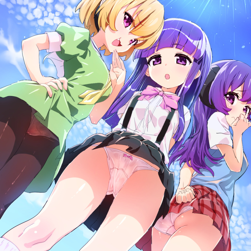 3girls ass blue_vest blunt_bangs bow bow_panties breasts dress furude_rika green_dress hanyuu higurashi_no_naku_koro_ni hime_cut horns houjou_satoko kneehighs multiple_girls neckerchief panties panties_under_pantyhose pantyhose pantyshot plaid_clothes plaid_skirt pleated_skirt polpol purple_eyes purple_hair shirt short_dress short_sleeves skirt small_breasts smug socks suspender_skirt suspenders underwear vest white_panties white_shirt yellow_neckerchief