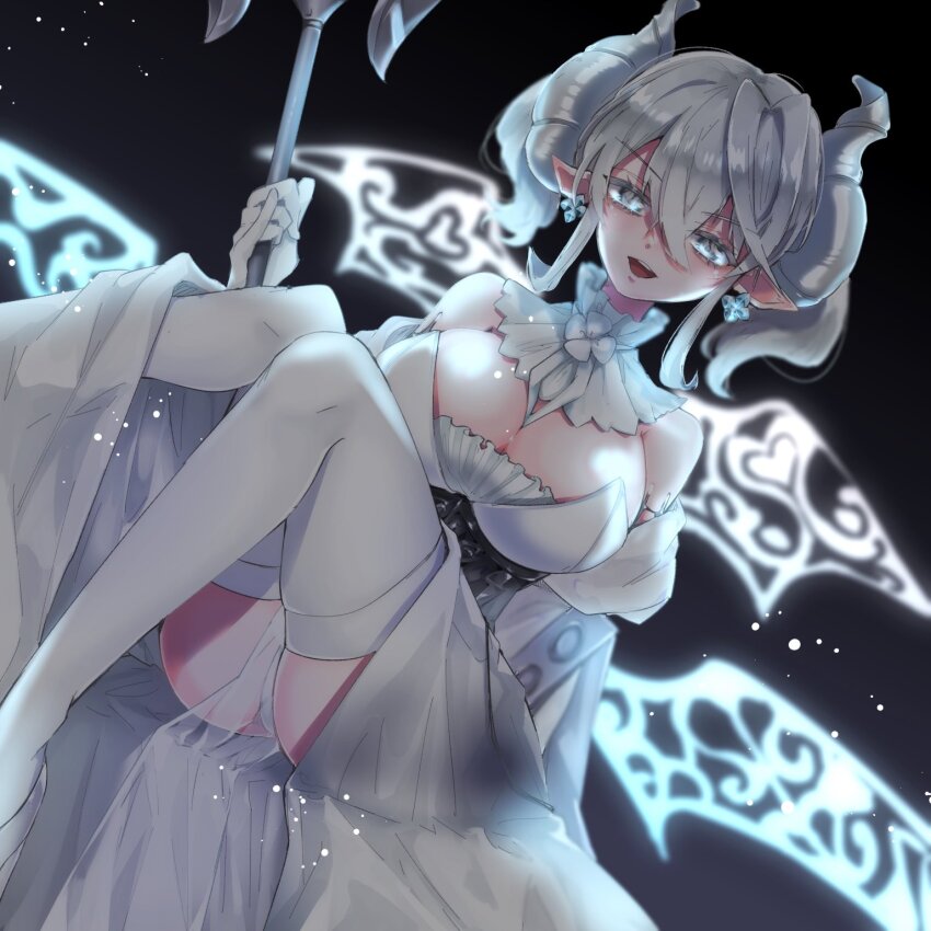 1girl bare_shoulders black_background breasts cleavage demon_girl demon_horns demon_wings dress duel_monster grey_eyes grey_hair highres horns large_breasts lovely_labrynth_of_the_silver_castle low_wings multiple_wings rin_ms_no transparent_wings simple_background sitting solo strapless strapless_dress thighhighs transparent_wings white_dress white_thighhighs white_wings wings yu-gi-oh!
