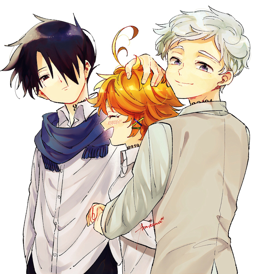 1girl 2boys ahoge arakawa_cristal black_hair blue_scarf blush closed_mouth collared_shirt emma_(yakusoku_no_neverland) hair_over_one_eye hand_on_another&#039;s_head height_difference highres long_sleeves looking_at_another looking_at_viewer multiple_boys neck_tattoo norman_(yakusoku_no_neverland) number_tattoo open_mouth orange_hair ray_(yakusoku_no_neverland) scarf shirt signature simple_background smile tattoo white_background white_hair white_shirt yakusoku_no_neverland