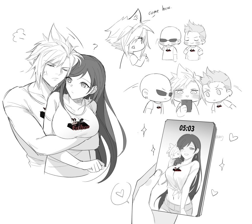 1girl 3boys ? absurdres anger_vein bald blush breasts closed_eyes cloud_strife commentary couple doll duoj_ji earrings english_commentary english_text final_fantasy final_fantasy_vii final_fantasy_vii_remake heart highres holding holding_doll holding_phone hug hug_from_behind jealous jewelry johnny_(ff7) large_breasts long_hair midriff monochrome multiple_boys navel one_eye_closed phone photo_(object) rude_(ff7) shirt short_hair single_earring smile sparkle spiked_hair spoken_heart spot_color sunglasses swept_bangs tied_shirt tifa_lockhart twitter_username white_background