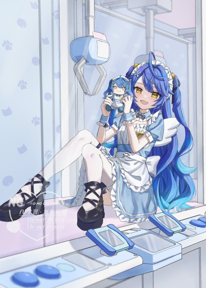 ahoge amamiya_kokoro apron bell blue_hair cleavage_cutout clothing_cutout crane_game fang hair_bell hair_ornament happy highres holding jingle_bell long_hair looking_at_viewer maid maid_apron maid_headdress mini_wings nijisanji o_mo_chi_san open_mouth skin_fang stuffed_toy thighhighs very_long_hair virtual_youtuber white_thighhighs wings x_hair_ornament yellow_eyes