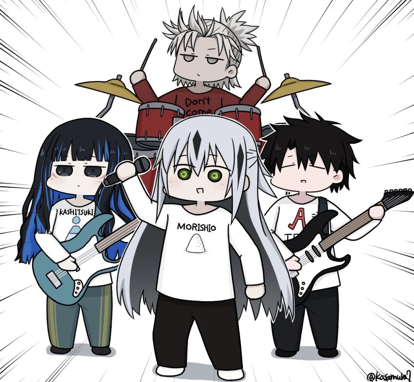 2boys 2girls band_(music) black_hair blue_hair colored_inner_hair drum drumsticks fate/grand_order fate_(series) fujimaru_ritsuka_(male) grey_eyes guitar highres holding holding_drumsticks instrument long_hair microphone multicolored_hair multiple_boys multiple_girls nagao_kagetora_(fate) nega-tive_otoko shirt short_hair smile t-shirt takeda_shingen_(fate) tenochtitlan_(fate) uesugi_kenshin_(fate) white_background yellow_eyes