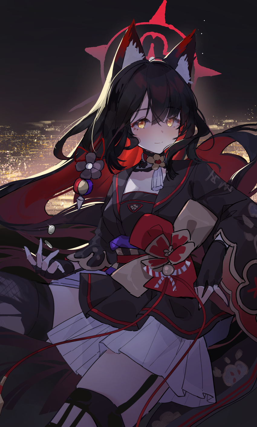 1girl absurdres animal_ear_fluff animal_ears black_flower black_gloves black_hair black_kimono black_sailor_collar black_thighhighs blue_archive blush closed_mouth colored_inner_hair fingerless_gloves floral_print floral_print_kimono flower fox_ears fox_girl fox_tail gloves hair_between_eyes hair_flower hair_ornament highres japanese_clothes kimono long_hair looking_at_viewer multicolored_hair obi print_kimono purple_sash red_hair reiami sailor_collar sash sidelocks skirt smile solo tail thigh_strap thighhighs torn_clothes torn_thighhighs two-tone_hair wakamo_(blue_archive) white_skirt yellow_eyes
