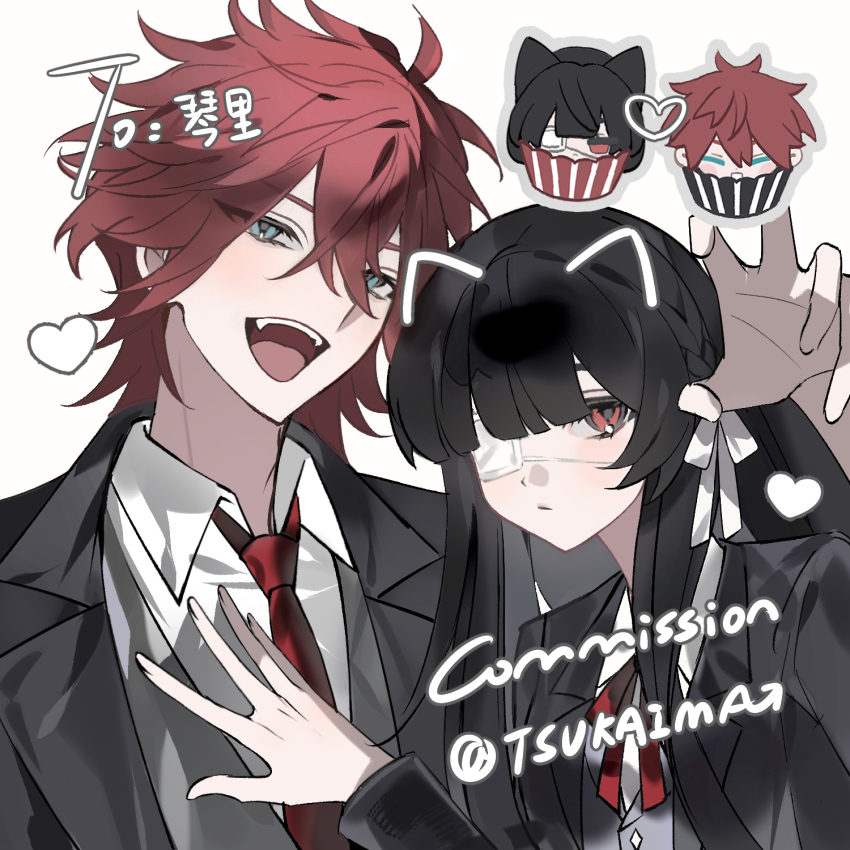 1boy 1girl animal_ears black_hair black_jacket blue_eyes blunt_bangs bow bowtie chibi chibi_inset collared_shirt commission english_text eyepatch fangs hair_bow hair_ornament hair_ribbon heart highres jacket long_hair long_sleeves looking_at_viewer medical_eyepatch minirai0707 necktie open_mouth original red_eyes red_hair red_necktie ribbon school_uniform shirt short_hair upper_body white_background