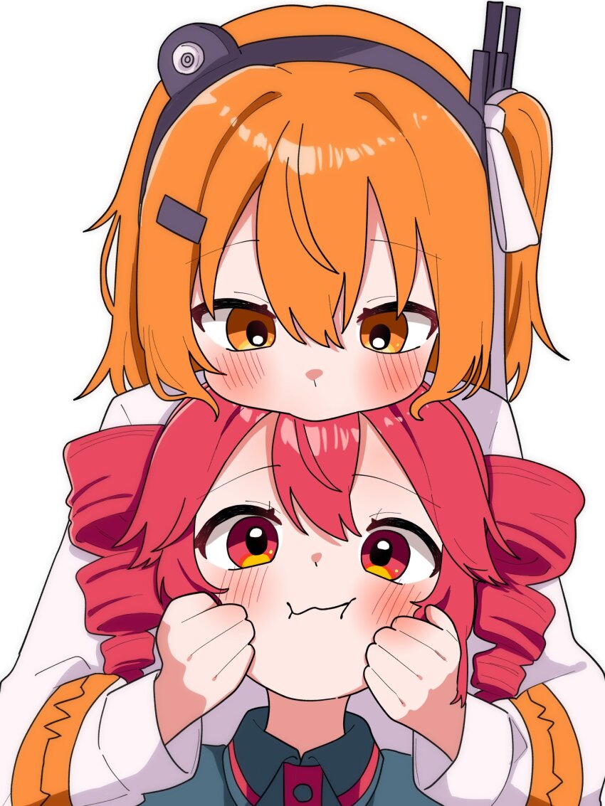 2girls a.i._voice adachi_rei blush closed_mouth drill_hair hands_on_another&#039;s_cheeks hands_on_another&#039;s_face haru_maron highres kasane_teto kasane_teto_(utau) long_sleeves multiple_girls one_side_up orange_eyes orange_hair red_eyes red_hair twin_drills utau white_background