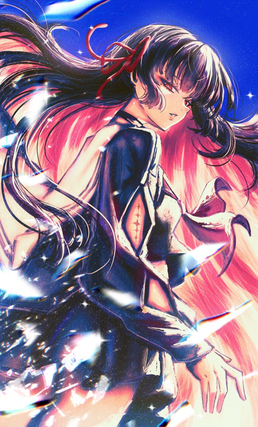 1girl aircraft airplane arm_cutout artdroiiid_ii black_hair blue_sky breasts chisa_(wuthering_waves) clothing_cutout colored_inner_hair commentary day from_side hair_ribbon highres long_sleeves looking_at_viewer looking_to_the_side medium_breasts military_vehicle mole mole_under_eye multicolored_hair neckerchief outdoors parted_lips propeller_fighter red_eyes red_hair red_neckerchief red_ribbon ribbon sky solo tacet_mark_(wuthering_waves) wuthering_waves