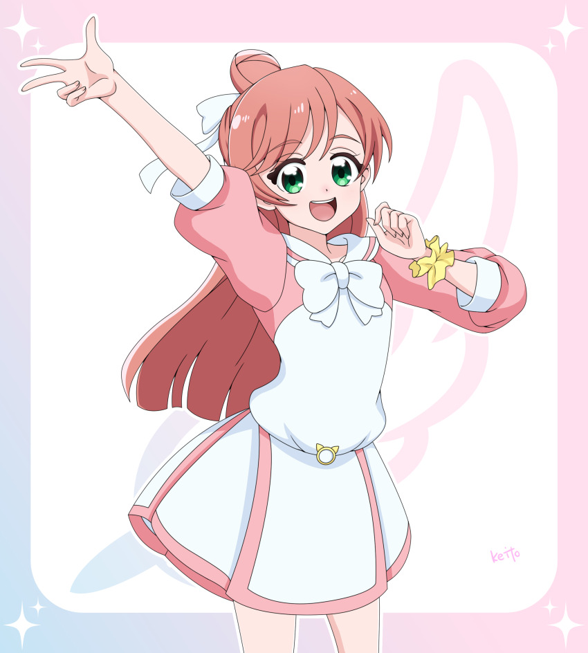 1girl :d absurdres arm_up artist_name asymmetrical_sleeves blue_border border bow bowtie casual collarbone collared_dress commentary cowboy_shot dot_nose dress four-pointed_star gradient_border green_eyes hair_bun hair_ribbon half_updo highres hirogaru_sky!_precure long_hair looking_at_viewer multicolored_border multicolored_dress nijigaoka_mashiro open_mouth pink_border pink_dress pink_hair precure ribbon sailor_collar sakuragawa3710 scrunchie short_dress single_hair_bun smile solo star_(symbol) star_border teeth two-tone_dress upper_teeth_only w white_background white_bow white_bowtie white_dress white_ribbon white_sailor_collar wrist_scrunchie yellow_scrunchie