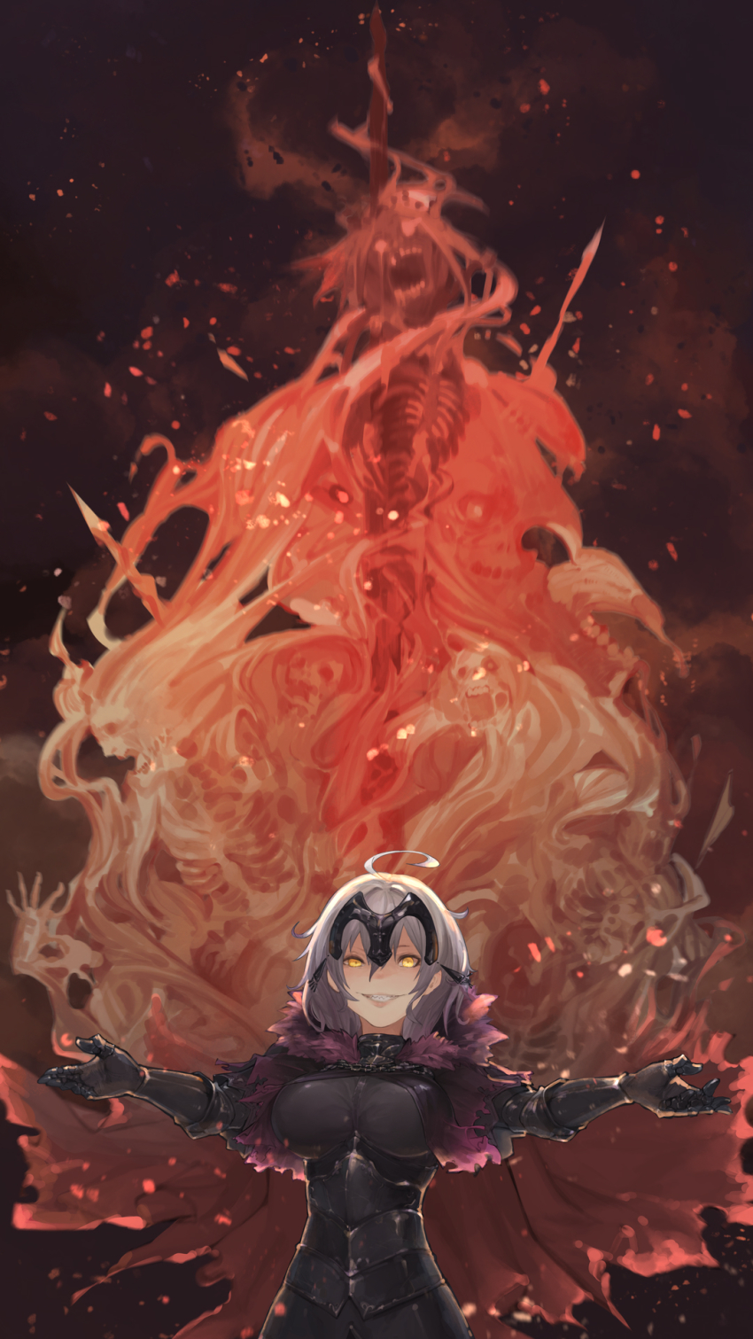 1girl ahoge armor armored_dress breasts burning_at_the_stake cape commentary_request dress fate/grand_order fate_(series) fire fur-trimmed_cape fur_collar fur_trim gauntlets headpiece highres jeanne_d&#039;arc_(fate) jeanne_d&#039;arc_alter_(avenger)_(fate) jeanne_d&#039;arc_alter_(fate) large_breasts looking_at_viewer n9+ open_mouth sharp_teeth silver_hair skeleton smile stake teeth tied_to_stake yellow_eyes