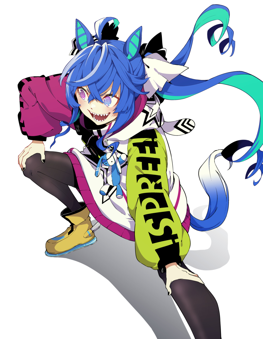 1girl @_@ absurdres ahoge animal_ears black_nails blue_hair heterochromia highres hood hooded_coat horse_ears horse_tail long_hair nail_polish pantyhose sharp_teeth stretching tail teeth tsukamoto_minori twin_turbo_(umamusume) twintails umamusume white_background