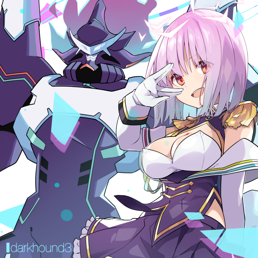 1boy 1girl alexis_kerib alexis_kerib_(new_order) breasts cleavage dark_hound_3 epaulettes frilled_skirt frills gloves gridman_universe gridman_universe_(movie) highres instance_domination large_breasts looking_at_viewer purple_hair red_eyes shinjou_akane shinjou_akane_(new_order) shirt short_hair skirt smile white_gloves