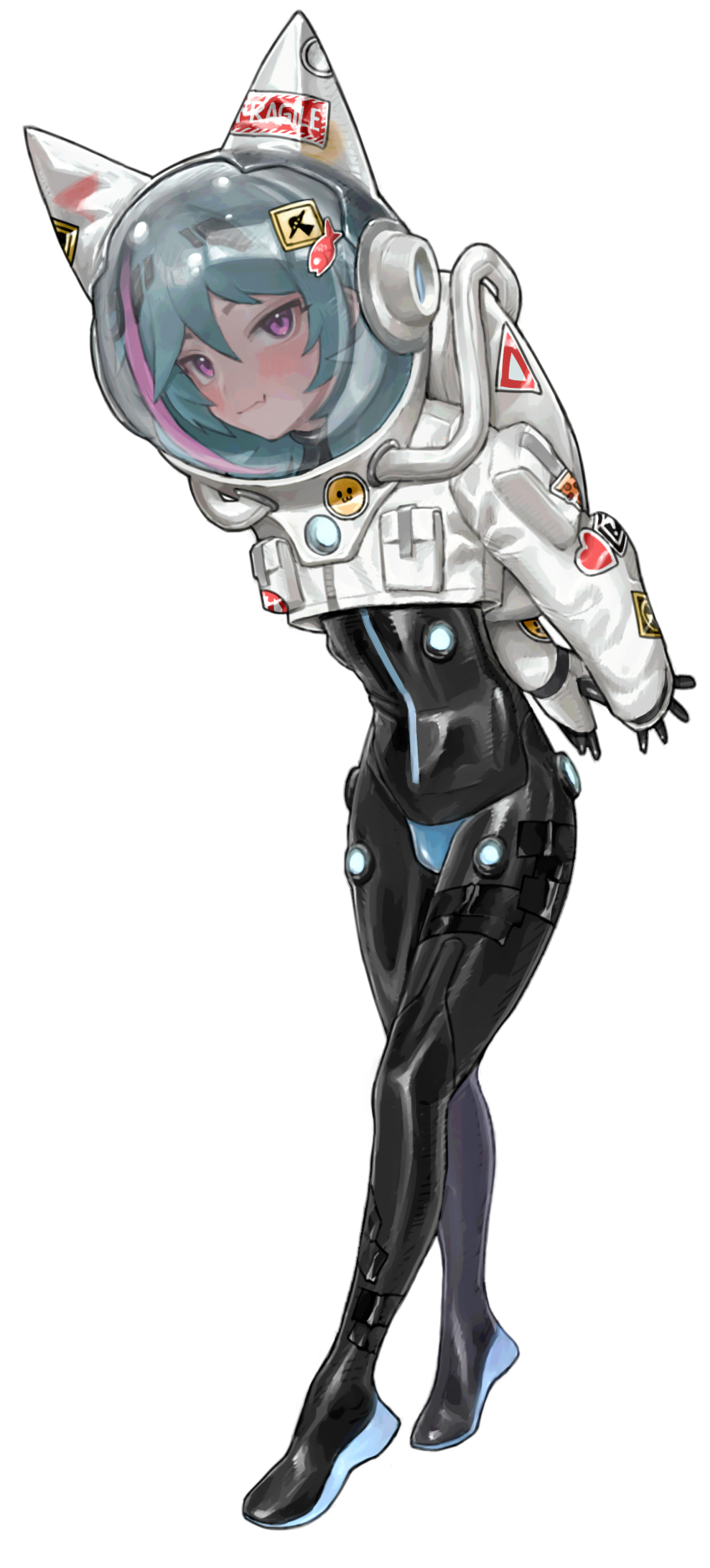 1boy absurdres animal_ears_helmet animal_helmet aqua_hair arms_behind_back bodysuit commission fang full_body helmet highres latex latex_bodysuit leaning_forward looking_at_viewer original pixiv_commission pouch purple_eyes saaal653 skin_fang skin_tight solo spacesuit sticker trap white_background