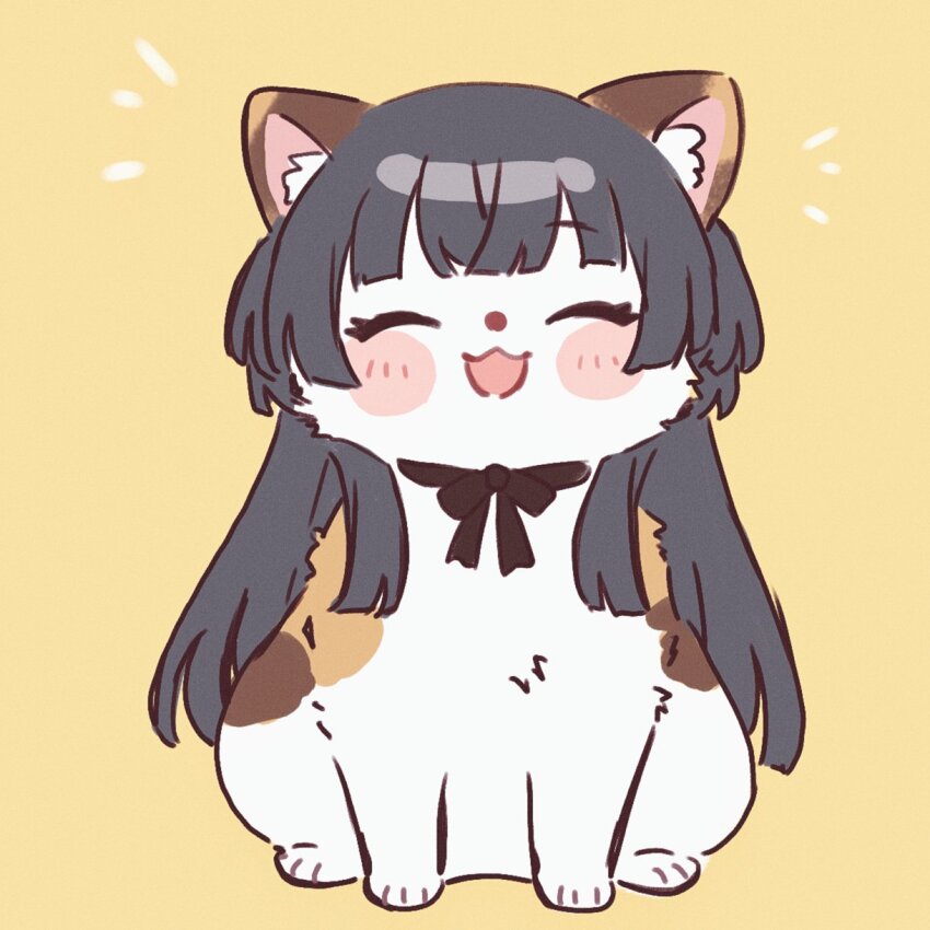 :3 animal animal_ear_fluff animalization black_hair black_ribbon blush brown_background cat closed_eyes cobwvmeti facing_viewer full_body highres idolmaster idolmaster_shiny_colors long_hair mayuzumi_fuyuko multicolored_fur neck_ribbon no_humans open_mouth ribbon simple_background sitting smile solo two_side_up white_fur