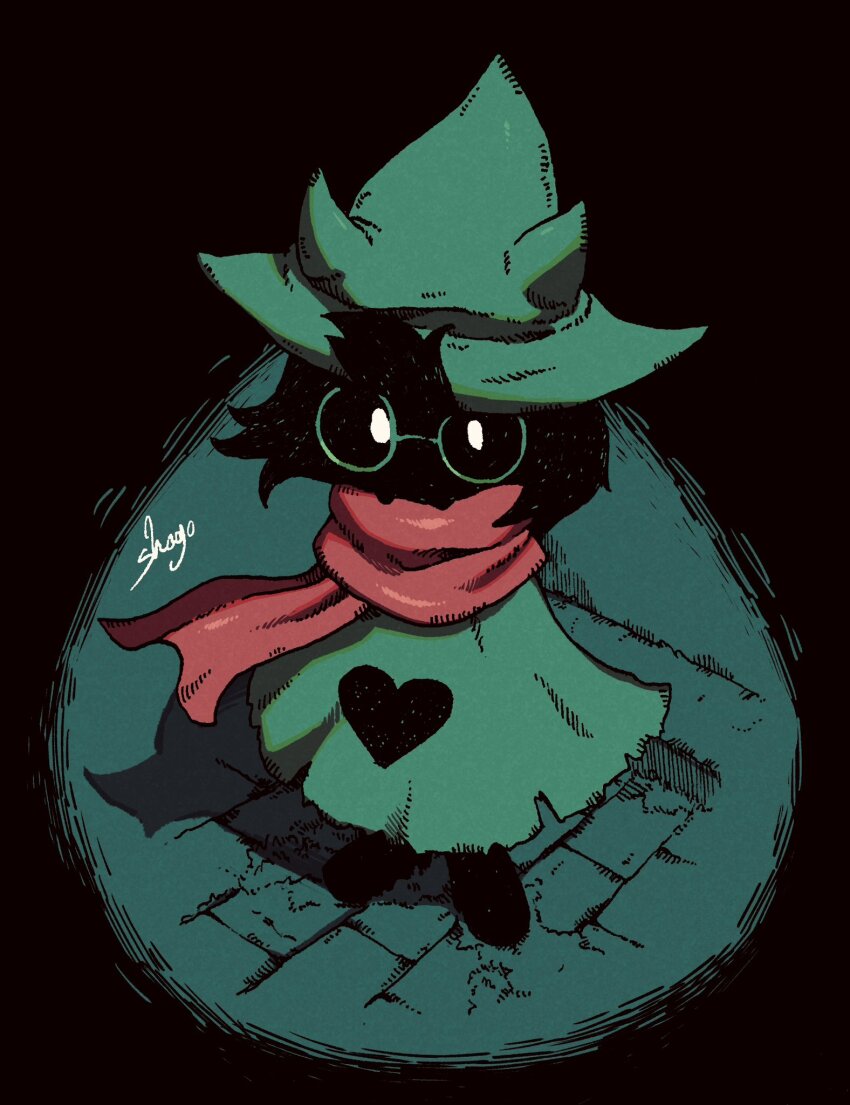 1boy cloak commentary_request deltarune glasses green-framed_eyewear green_cloak green_hat hat heart heart_print highres male_focus print_cloak ralsei red_scarf round_eyewear scarf shogo_(shogo70449442) signature solo standing