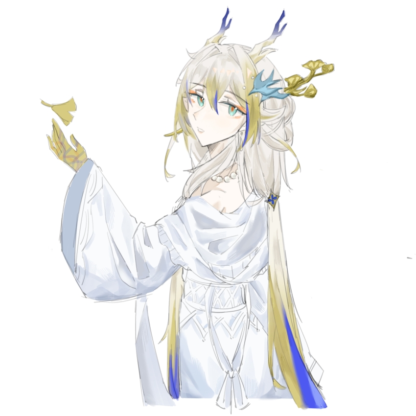 1girl ambience_synesthesia aqua_eyes arknights arm_up bare_shoulders blonde_hair blue_hair chinese_commentary colored_extremities commentary_request cropped_legs dragon_girl dragon_horns dress grey_hair hair_ornament highres horns jewelry long_hair long_sleeves looking_at_viewer multicolored_hair necklace official_alternate_costume orange_pupils parted_lips pearl_necklace shu_(arknights) shu_(bingwenyuyou)_(arknights) simple_background sketch solo ting._(abaababa48287) very_long_hair white_background white_dress wide_sleeves