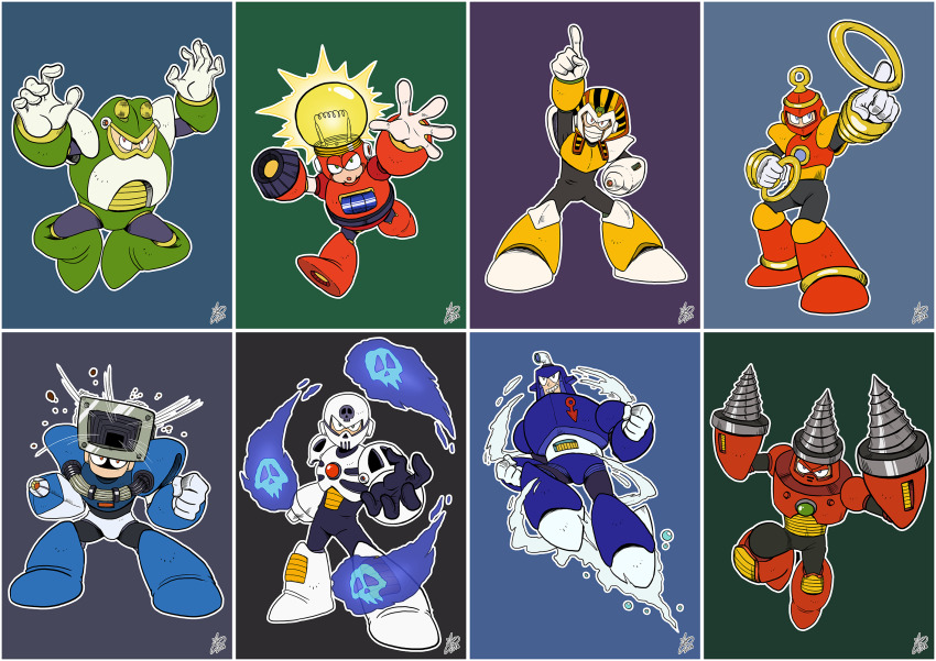 arm_cannon bandages bright_man capcom dive_man drill_hand drill_man dust_man fighting_stance full_body gloves hand_up helmet highres jewelry light_bulb looking_at_viewer mega_man_(classic) mega_man_(series) mega_man_4 no_humans no_mouth non-humanoid_robot pharaoh_man ring ring_man robot robot_ears skull skull_man standing swimming toad_man underwater weapon