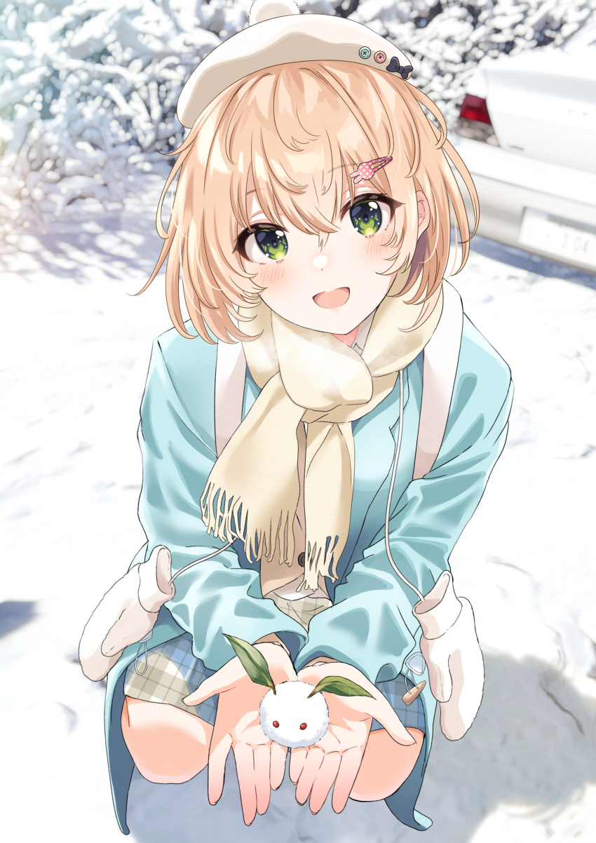 1girl :d \||/ absurdres blue_coat blue_sleeves blurry blurry_background brown_hair car coat dot_nose green_eyes hair_between_eyes hair_ornament hairclip hat highres long_sleeves looking_at_viewer mitsubishi_lancer_evolution mittens motor_vehicle open_mouth original outdoors outstretched_hand pleated_skirt scarf shadow short_hair siokazunoko skirt smile snow snow_rabbit solo squatting white_car white_scarf winter winter_uniform