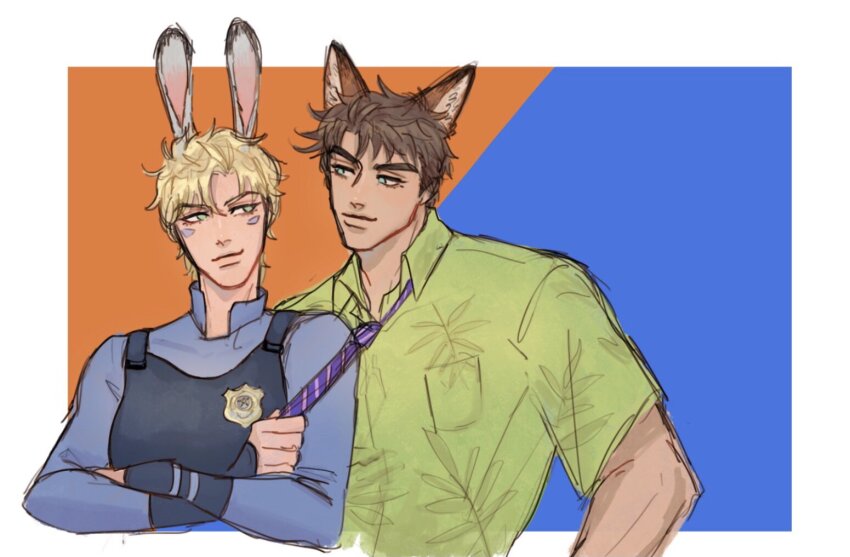 1boy 1girl animal_ears battle_tendency blue_shirt brown_hair caesar_anthonio_zeppeli closed_mouth clothes_grab collared_shirt cosplay dress_shirt facial_mark fox_ears genderswap genderswap_(mtf) green_eyes hetero jojo_no_kimyou_na_bouken joseph_joestar joseph_joestar_(young) judy_hopps judy_hopps_(cosplay) long_sleeves looking_at_another minggiijwinjsj necktie necktie_grab neckwear_grab nick_wilde nick_wilde_(cosplay) police police_uniform policewoman rabbit_ears shirt short_hair smile striped_neckwear zootopia