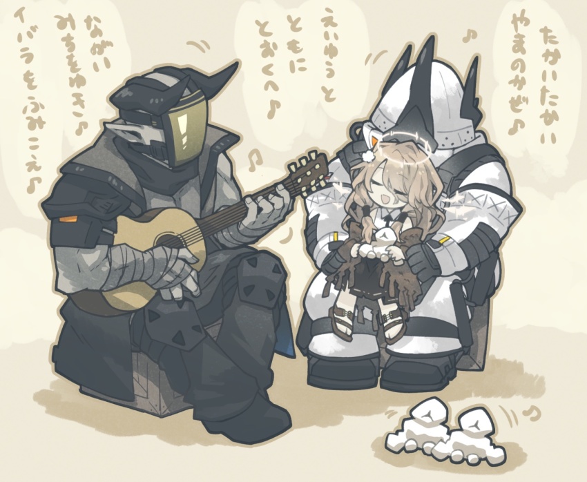 2girls :d arknights bandaged_arm bandages black_footwear black_necktie black_skirt blue_eyes brown_background brown_footwear brown_hair cecelia_(arknights) closed_eyes collared_shirt commentary_request hair_over_one_eye halo holding holding_instrument instrument jumpsuit long_hair morini_ochiteru mudrock_(arknights) multiple_girls music necktie open_mouth playing_instrument pointy_ears sandals sarkaz_swordsman_(arknights) shirt sitting sitting_on_lap sitting_on_person skirt sleeveless sleeveless_shirt smile translation_request very_long_hair white_jumpsuit white_shirt