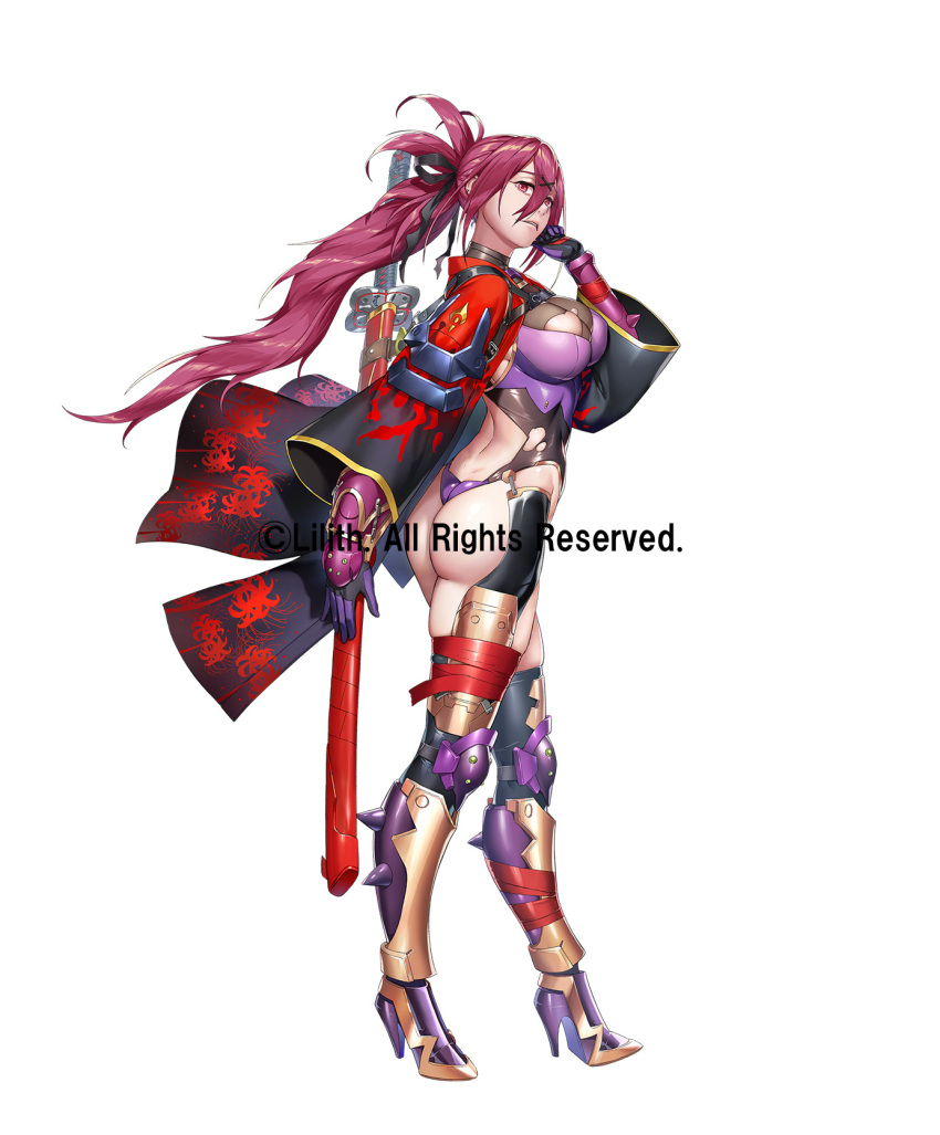 1girl alternate_costume armor armored_boots ass boots breasts curvy full_body hair_between_eyes highres holding holding_sword holding_weapon impossible_clothes impossible_leotard large_breasts leotard lilith-soft long_hair looking_at_viewer official_alternate_costume pink_eyes pink_hair ponytail revealing_clothes simple_background solo standing sword taimanin_(series) taimanin_rpgx weapon white_background wide_hips yanagi_rokuho yuuji_(and)