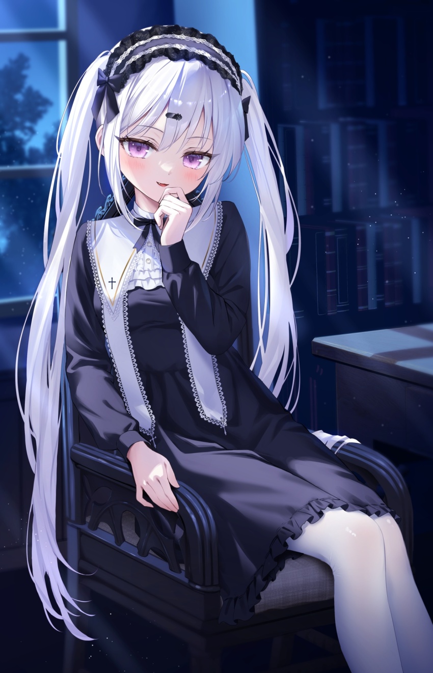 1girl :d arm_support black_dress black_hairband black_ribbon blush breasts chair commentary_request commission dress fang feet_out_of_frame frilled_dress frilled_hairband frills hair_ornament hairband hairclip hand_to_own_mouth hand_up highres indoors light_particles long_hair looking_at_viewer neck_ribbon on_chair open_mouth original pantyhose purple_eyes ribbon short_dress sitting skeb_commission small_breasts smile solo suyamori twintails very_long_hair white_hair white_pantyhose window wispy_bangs