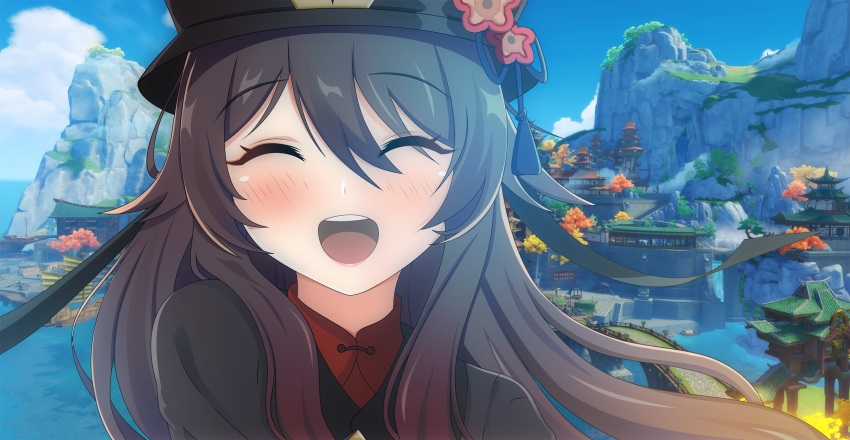 1girl artist_request black_hat blue_sky blush bridge brown_hair building closed_eyes cloud flower genshin_impact hair_between_eyes happy hat highres hu_tao_(genshin_impact) long_hair looking_at_viewer mountain multicolored_hair open_mouth outdoors portrait red_hair scenery ship sky smile solo teeth town tree twintails two-tone_hair upper_teeth_only water watercraft waterfall