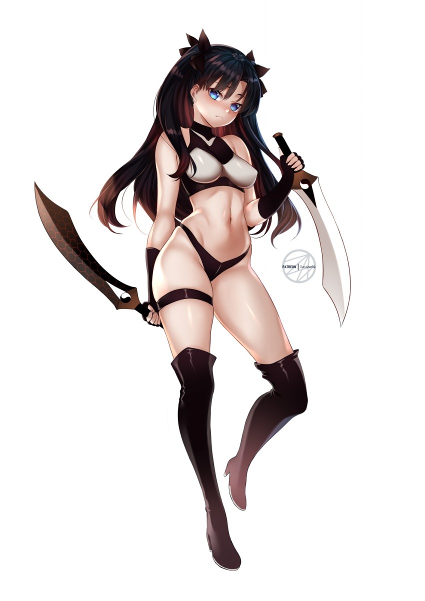 1girl archer_(fate) archer_(fate)_(cosplay) black_boots black_gloves black_hair black_panties blue_eyes blush boots breasts breasts_apart closed_mouth cosplay covered_erect_nipples dual_wielding elbow_gloves fate/kaleid_liner_prisma_illya fate/stay_night fate_(series) fingerless_gloves floating_hair frown full_body gloves head_tilt high_heel_boots high_heels highres holding holding_weapon kanshou_&amp;_bakuya_(fate) long_hair medium_breasts midriff navel panties shiny_skin simple_background solo stomach thigh_boots tohsaka_rin twintails underwear underwear_only very_long_hair weapon white_background zasshu