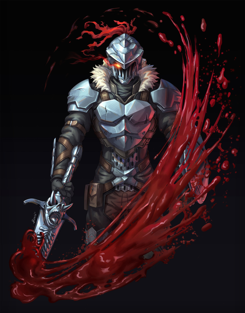 1girl arm_armor arm_shield armor belt_pouch black_background black_gloves black_pants blood blood_splatter breastplate brolo commentary commission cropped_legs english_commentary eye_trail fur_trim gloves goblin_slayer goblin_slayer! grey_armor grey_helmet helmet highres holding holding_sword holding_weapon light_trail male_focus pants pouch shoulder_armor simple_background solo sword visor_(armor) weapon