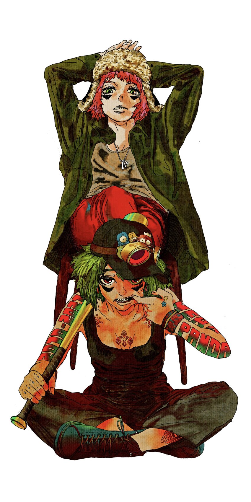 2girls absurdres arm_tattoo arms_behind_head baseball_bat black_footwear black_hat black_pants black_tank_top commentary_request crossed_legs green_eyes green_hair green_jacket grey_shirt gumi hand_in_mouth hat highres holding holding_baseball_bat jacket jewelry looking_at_viewer matryoshka_(vocaloid) multiple_girls necklace official_art panda_hero_(vocaloid) pants pink_hair red_eyes red_pants shirt sitting tank_top tattoo trapper_hat vocaloid white_background yonezu_kenshi