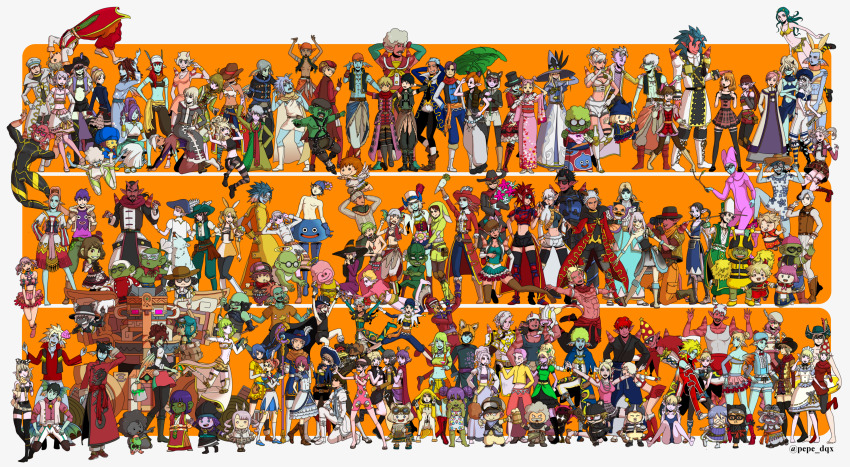 6+boys 6+girls abs absurdres animal_ears armor bandaid bandaid_on_cheek bandaid_on_face beard black_bow black_hair blonde_hair blue_gloves blue_hair blue_skin boots bottle bouquet bow bow_panties bread brown_footwear brown_hair bucket camera cape coke-bottle_glasses colored_skin commentary_request cosplay cowboy_hat cup daikon double_v dragon_quest dragon_quest_x dress dwarf_(dq10) elf_(dq10) everyone eye_mask eyepatch facial_hair fins flower food glasses gloves goggles goggles_on_head green_hair green_skin grey_hair hair_bow hair_flower hair_ornament hair_over_eyes hair_over_one_eye halo hat hat_feather head_fins heart heart-shaped_eyewear highres holding holding_bottle holding_bouquet holding_bucket holding_camera holding_cup holding_paintbrush holding_panties holding_pom_poms holding_staff holding_underwear holding_unworn_clothes horns japanese_clothes kimono midriff monocle multiple_boys multiple_girls mustache navel obi ogre_(dq10) one-piece_swimsuit one_eye_closed open_mouth orange_background paint_can paintbrush panties pepe_dqx pink_bow pink_hair pointy_ears pom_pom_(cheerleading) pom_poms poop_on_a_stick purple_hair radish red_flower red_footwear red_hair romper sash simple_background slime_(dragon_quest) slime_(dragon_quest)_(cosplay) smile spotted_bow squatting staff sunglasses swimsuit tankard tongue tongue_out top_hat twintails underwear v weddie_(dq10) white_hair wings witch_hat