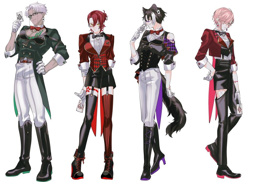 4boys :&lt; absurdres ace_(playing_card) ace_of_clubs ace_of_diamonds ace_of_hearts ace_of_spades alternate_costume animal_ears ankle_boots argyle_clothes arm_at_side arm_behind_back arm_tattoo arurandeisu asymmetrical_legwear belt belt_buckle black_bow black_bowtie black_corset black_footwear black_hair black_jacket black_pants black_shorts black_thighhighs black_vest boots bow bowtie braid buckle buttons card chain chain_earrings chest_tattoo closed_mouth clothing_cutout club_(shape) colored_lapels corset cropped_jacket cropped_vest curtained_hair detached_collar diamond_(shape) double-breasted ear_chain ear_piercing earrings expressionless eyewear_strap facial_mark fishnet_cutout fold-over_boots full_body glasses gloves green_hair green_jacket grey_hair hair_between_eyes hair_over_one_eye half_gloves half_updo hanasaki_miyabi hand_on_own_hip hand_up heart high-waist_pants highres holding holding_card holostars jackal_boy jackal_ears jackal_tail jacket jewelry kageyama_shien knee_boots lace-up_boots lapel_pin lapels leg_cutout leg_tattoo looking_at_viewer male_focus mismatched_earrings mismatched_legwear momiage_40 multicolored_hair multiple_boys notched_lapels oxfords pants parted_bangs parted_lips pectoral_cleavage pectorals piercing pink_hair playing_card playing_card_earrings playing_card_theme profile red_belt red_bow red_bowtie red_hair red_jacket red_thighhighs rikka_(holostars) shirt shoes short_hair shorts shoulder_cutout shoulder_tattoo side_braid side_part simple_background single_bare_shoulder sleeve_cuffs smile spade_(shape) standing striped_clothes striped_thighhighs tailcoat tattoo thighhighs three-quarter_sleeves traditional_bowtie tuxedo_shirt two-tone_hair unplan_(holostars) vertical-striped_clothes vertical-striped_thighhighs vest virtual_youtuber white_background white_gloves white_hair white_pants white_shirt yellow_eyes