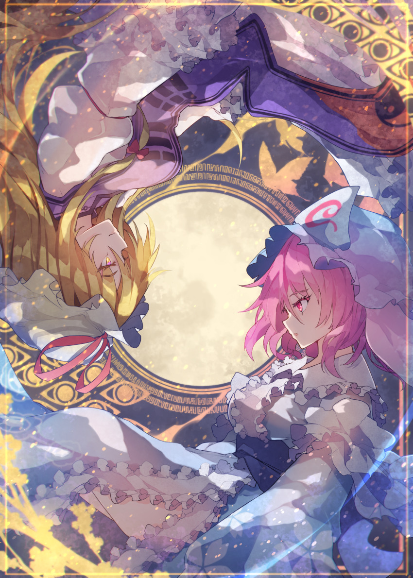 2girls belt blonde_hair blue_belt blue_dress blue_hat blue_kimono blue_sleeves bow breasts bug butterfly butterfly_wings chiroru_(cheese-roll) closed_mouth collar collared_dress commentary dress english_commentary floral_print flower flying frills grey_background hair_between_eyes hair_bow hat highres insect insect_wings japanese_clothes kimono large_breasts long_hair looking_at_another mob_cap multiple_girls open_mouth pink_eyes pink_hair puffy_sleeves purple_vest red_bow saigyouji_yuyuko shadow short_hair sitting smile tabard touhou triangular_headpiece vest white_dress white_flower white_hat white_sleeves wings yakumo_yukari yellow_background yellow_eyes yin_yang yin_yang_print